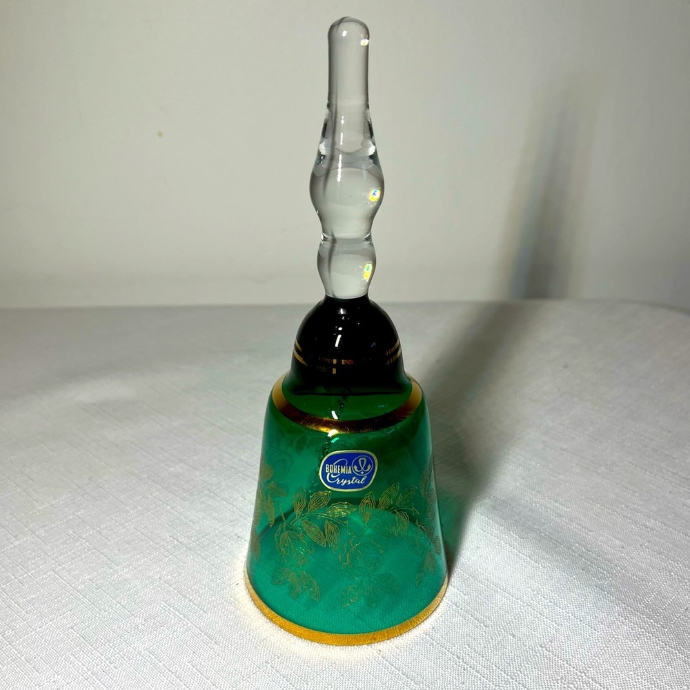 Bohemian Emerald Green Crystal Glass Bell * Stunning Gold Gilding